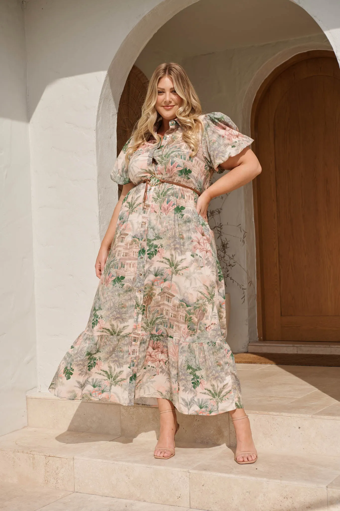 Palm Serenade Maxi Dress in Multi Palm Tree Print sold by St Frock