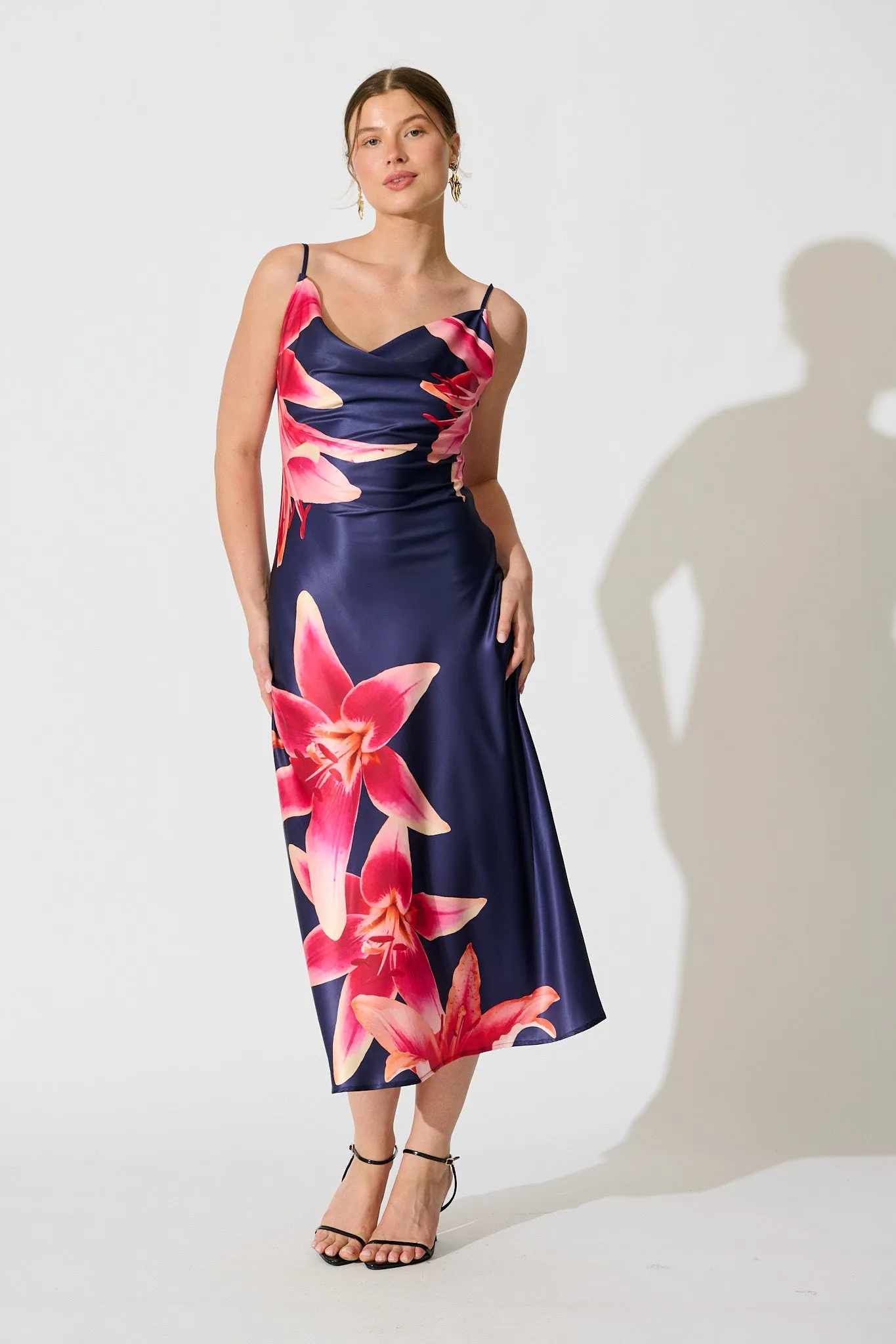 Moonlit Flora Maxi Dress in Navy Floral Satin sold by St Frock