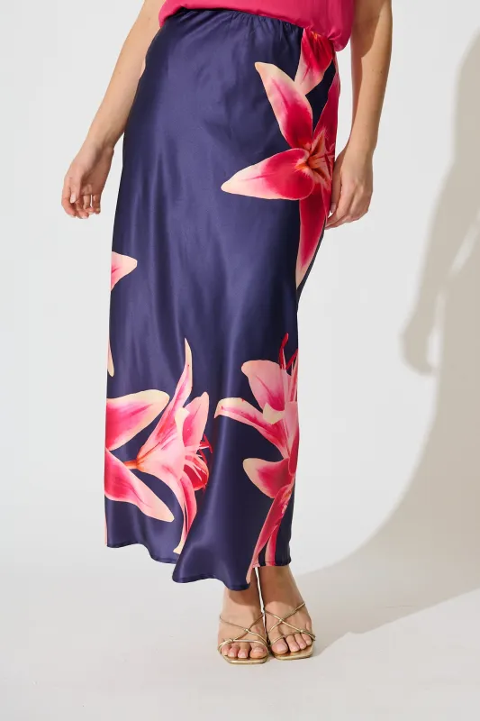 Nightshade Bouquet Maxi Skirt in Navy Floral Satin sold by St Frock