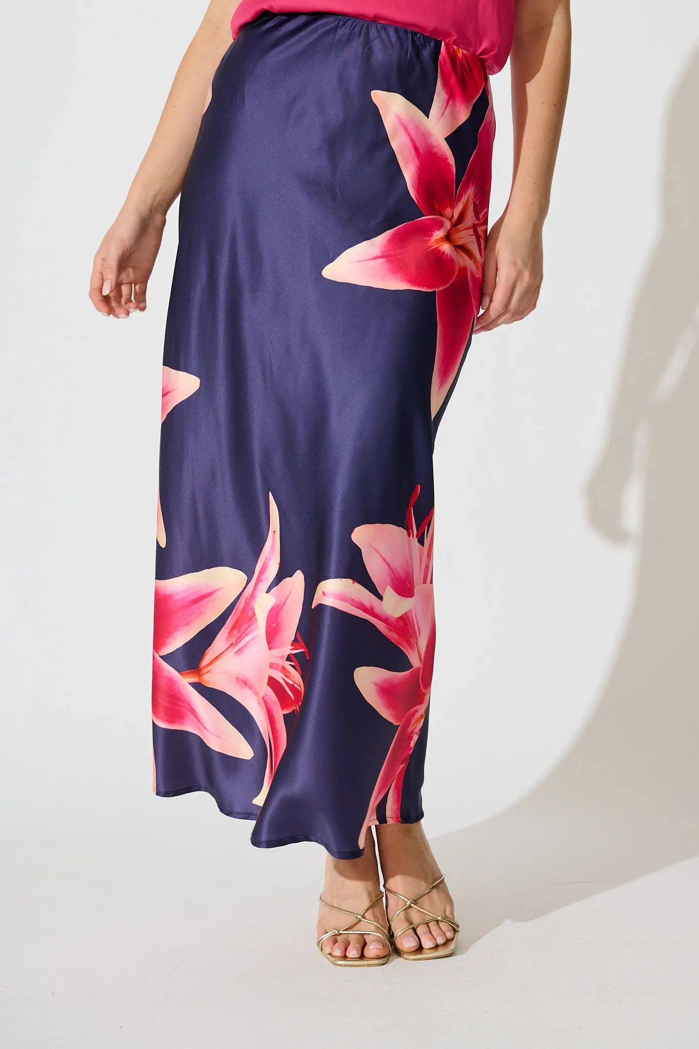 Nightshade Bouquet Maxi Skirt in Navy Floral Satin sold by St Frock