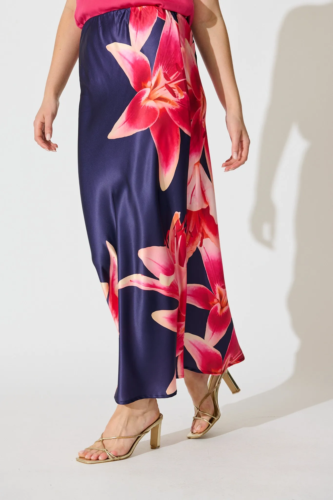 Nightshade Bouquet Maxi Skirt in Navy Floral Satin sold by St Frock product image thumbnail 2