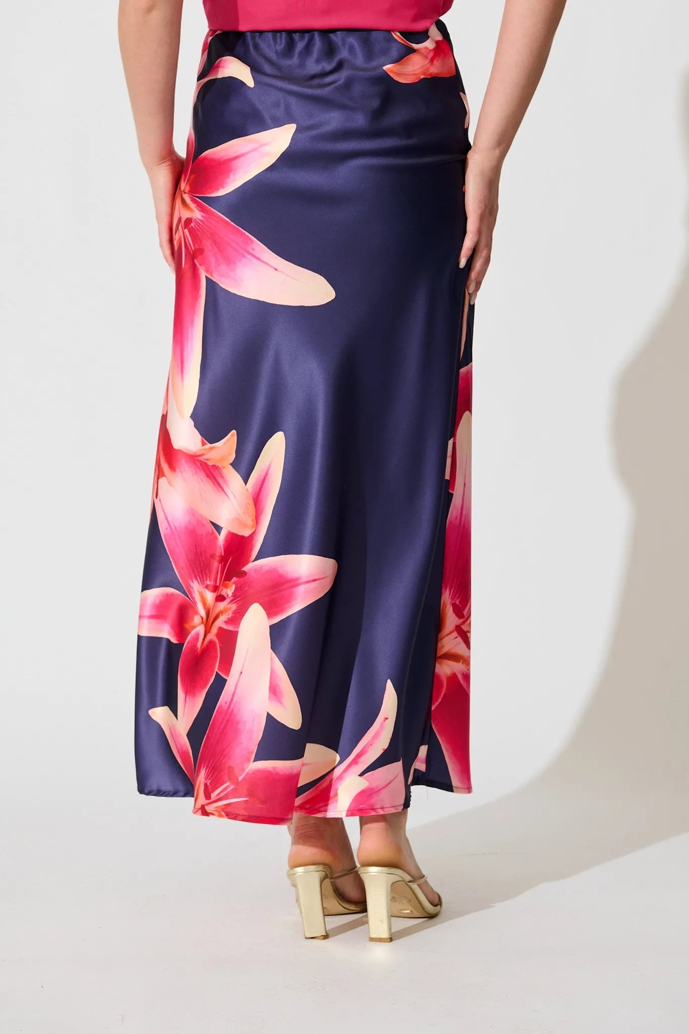 Nightshade Bouquet Maxi Skirt in Navy Floral Satin sold by St Frock product image thumbnail 3