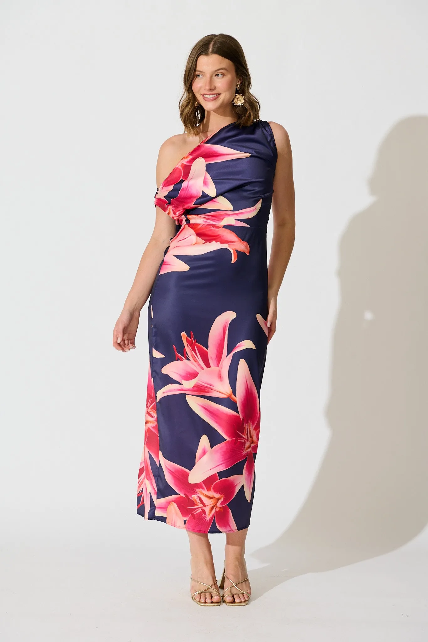 Moon Lily One Shoulder Maxi Dress in Navy Floral Satin sold by St Frock
