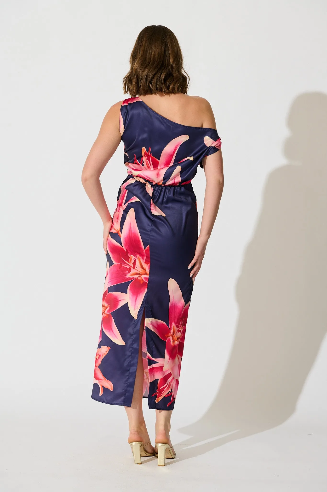 Moon Lily One Shoulder Maxi Dress in Navy Floral Satin sold by St Frock product image thumbnail 3