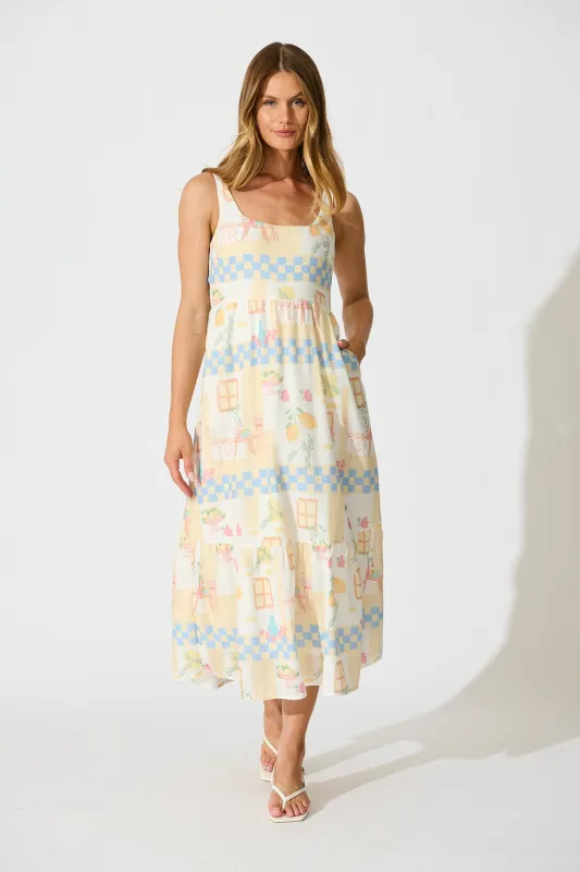 Calli Midi Sundress in Yellow Multi Lemon Linen Blend sold by St Frock
