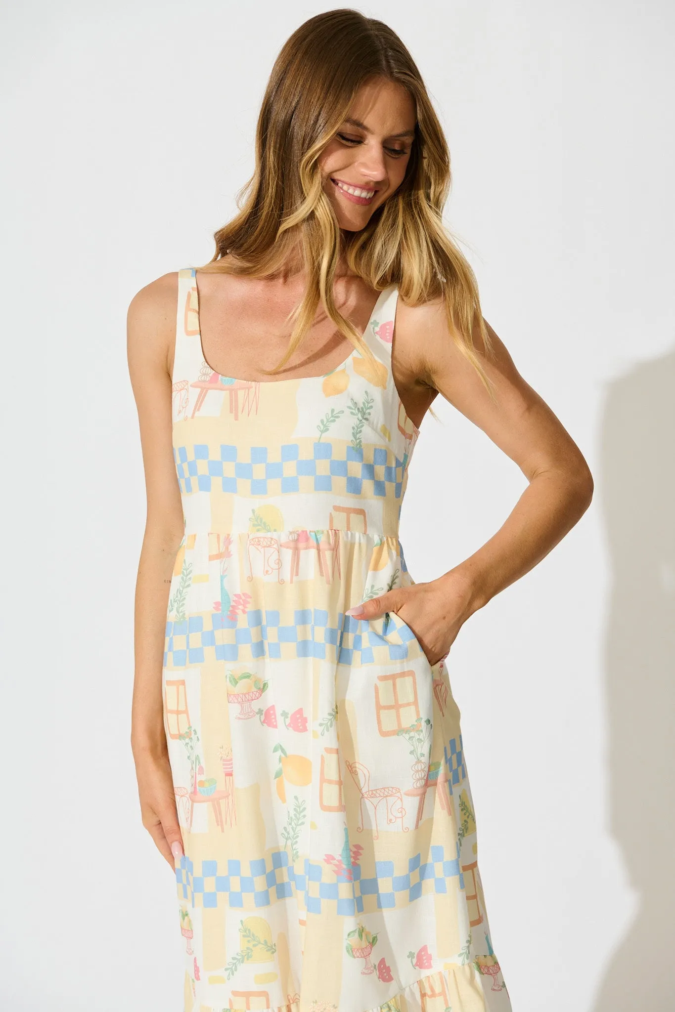 Calli Midi Sundress in Yellow Multi Lemon Linen Blend sold by St Frock product image thumbnail 2