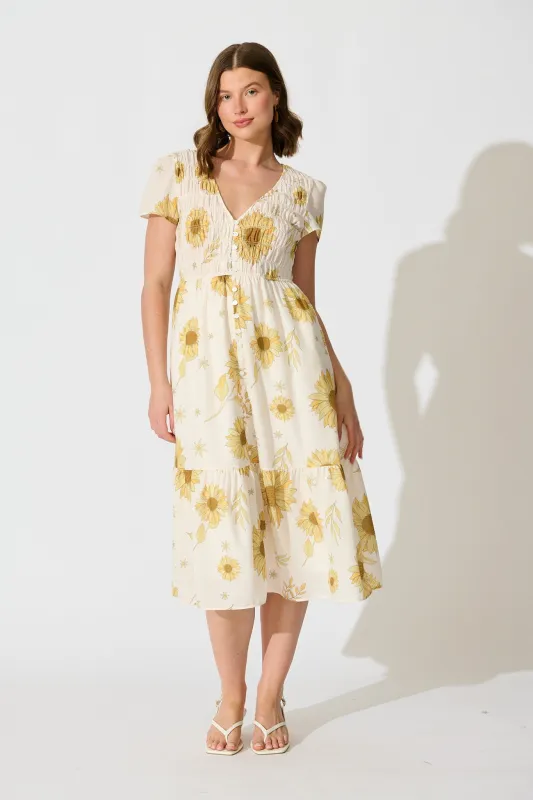 Aventine Midi Dress in Cream with Yellow Linen Blend sold by St Frock