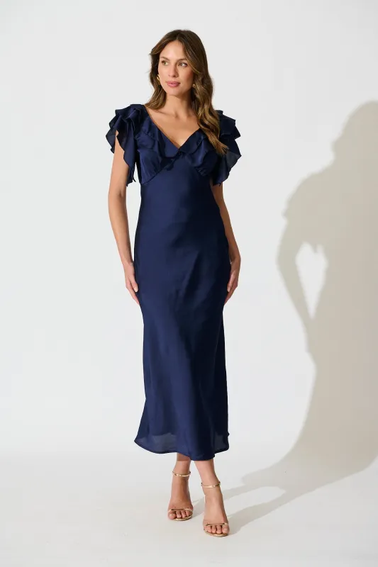 Satin Dream Midi Dress in Navy Satin sold by St Frock