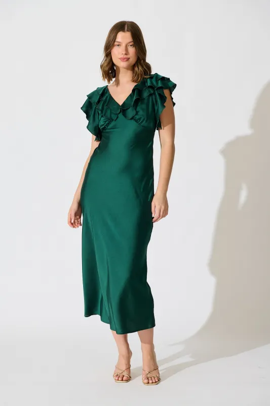 Satin Dream Midi Dress in Emerald Satin sold by St Frock