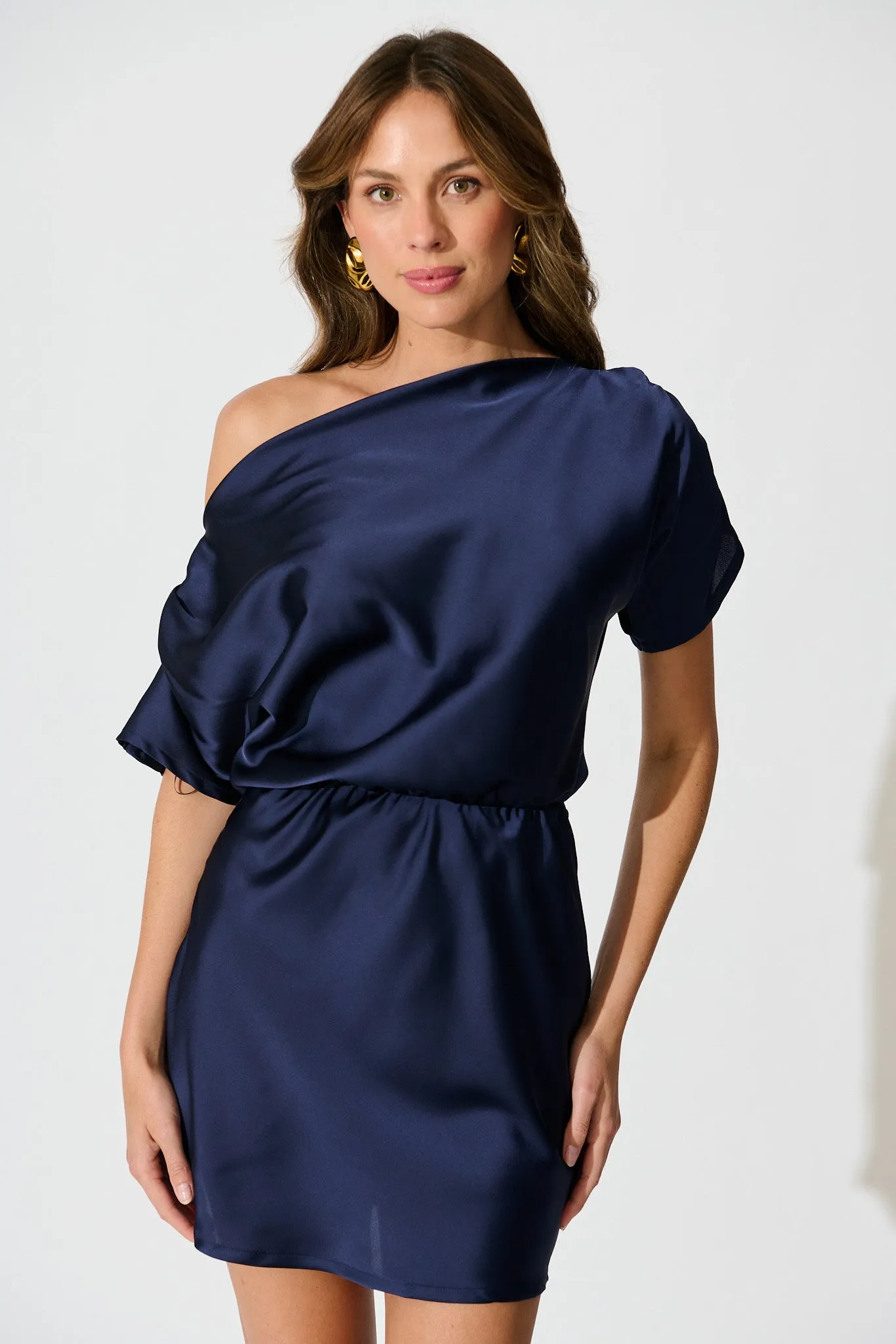 Shayla Off Shoulder Dress in Navy Satin sold by St Frock product image thumbnail 2