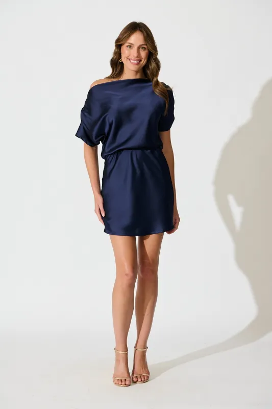 Shayla Off Shoulder Dress in Navy Satin sold by St Frock