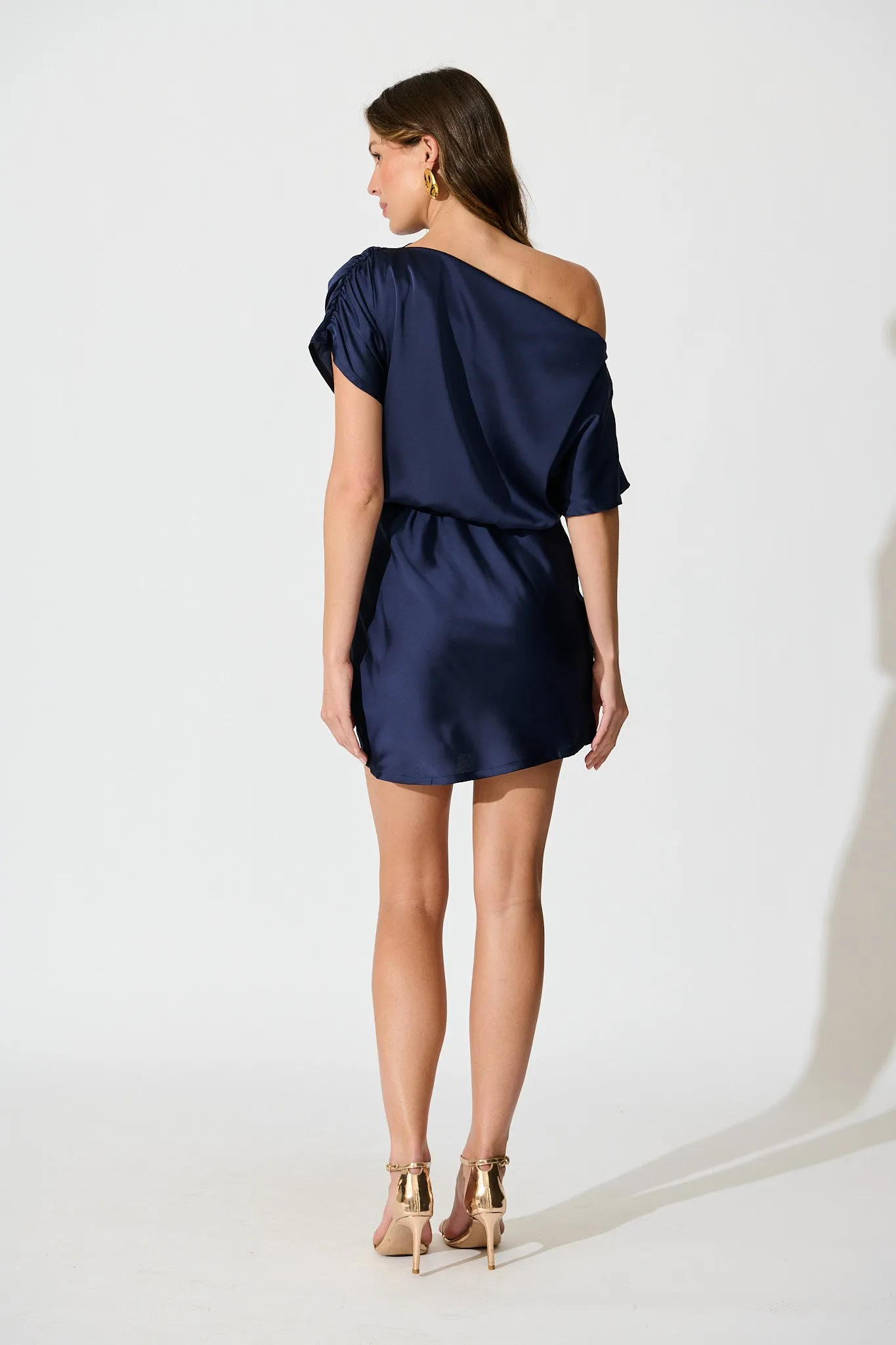 Shayla Off Shoulder Dress in Navy Satin sold by St Frock product image thumbnail 5