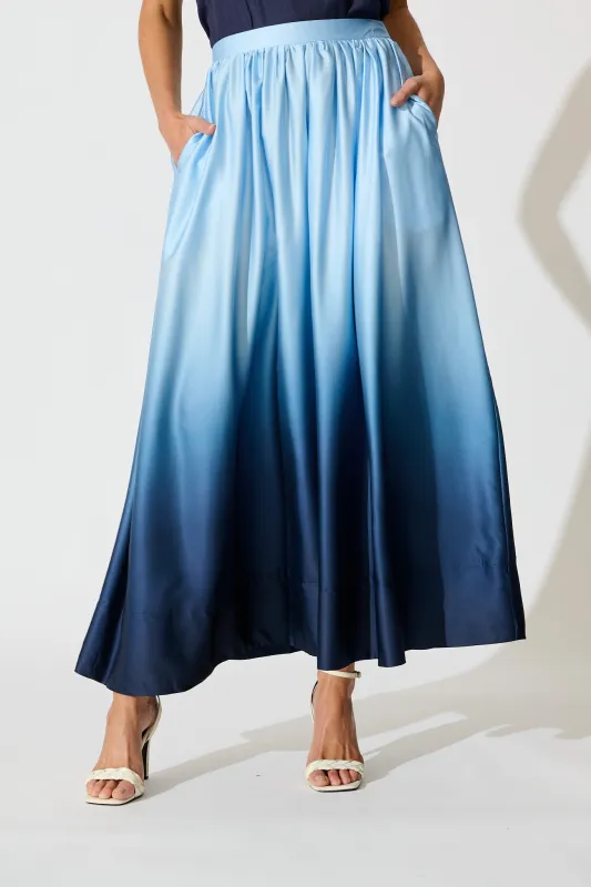 Dip and Dusk Maxi Ombre Skirt in Blue Satin sold by St Frock