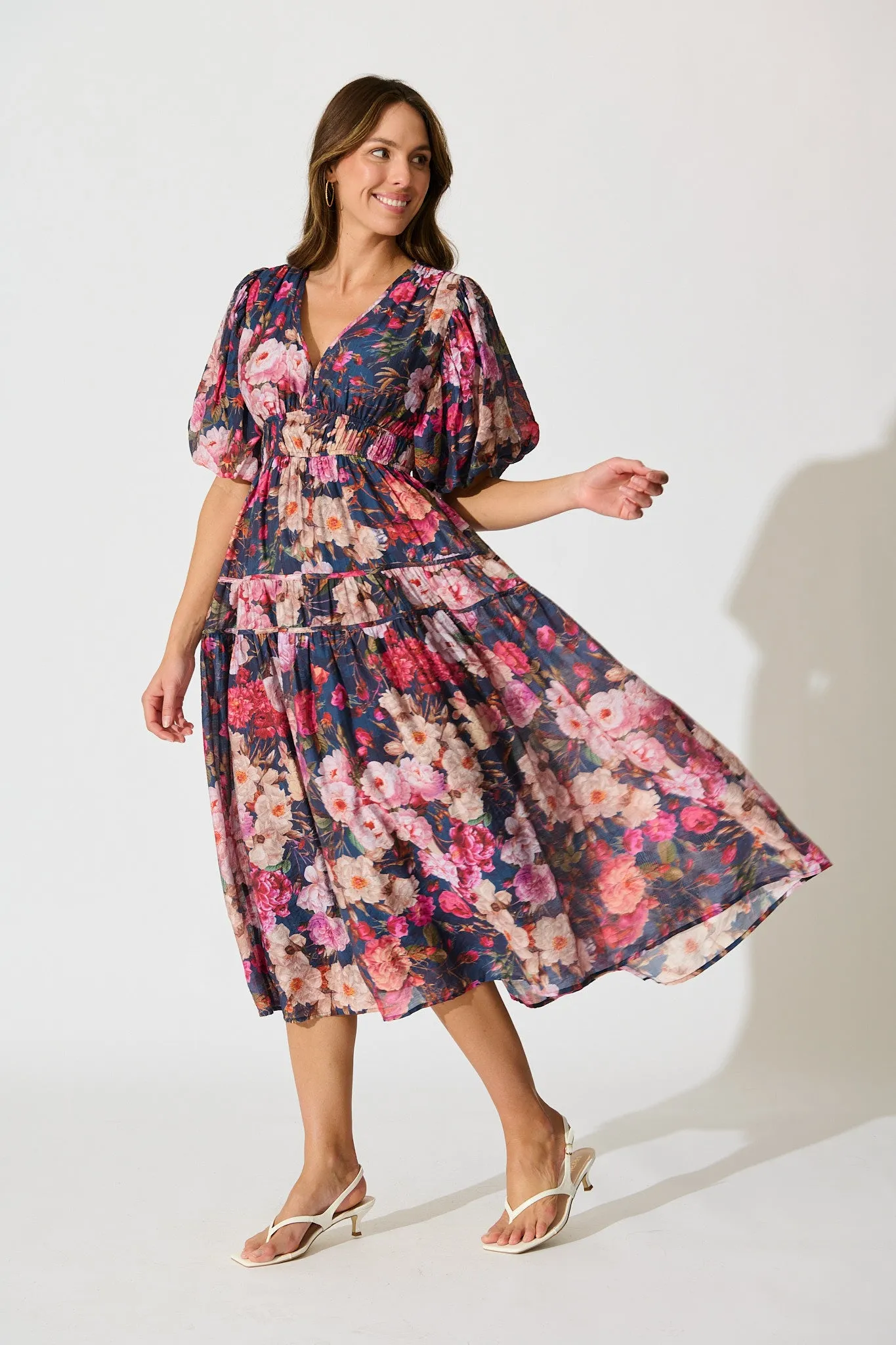 Amalie Midi Dress in Navy with Blush Floral sold by St Frock product image thumbnail 3
