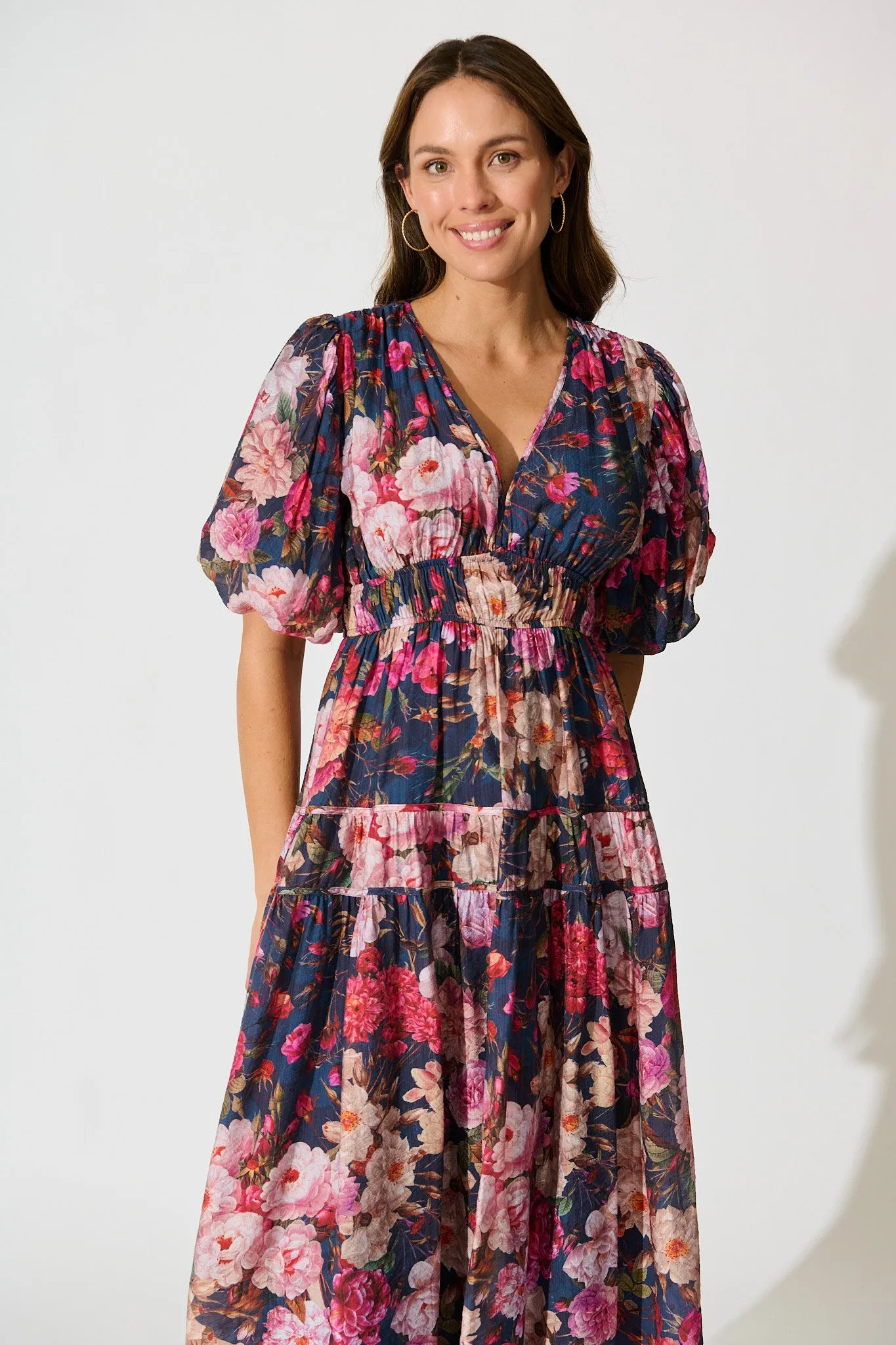Amalie Midi Dress in Navy with Blush Floral sold by St Frock product image thumbnail 2