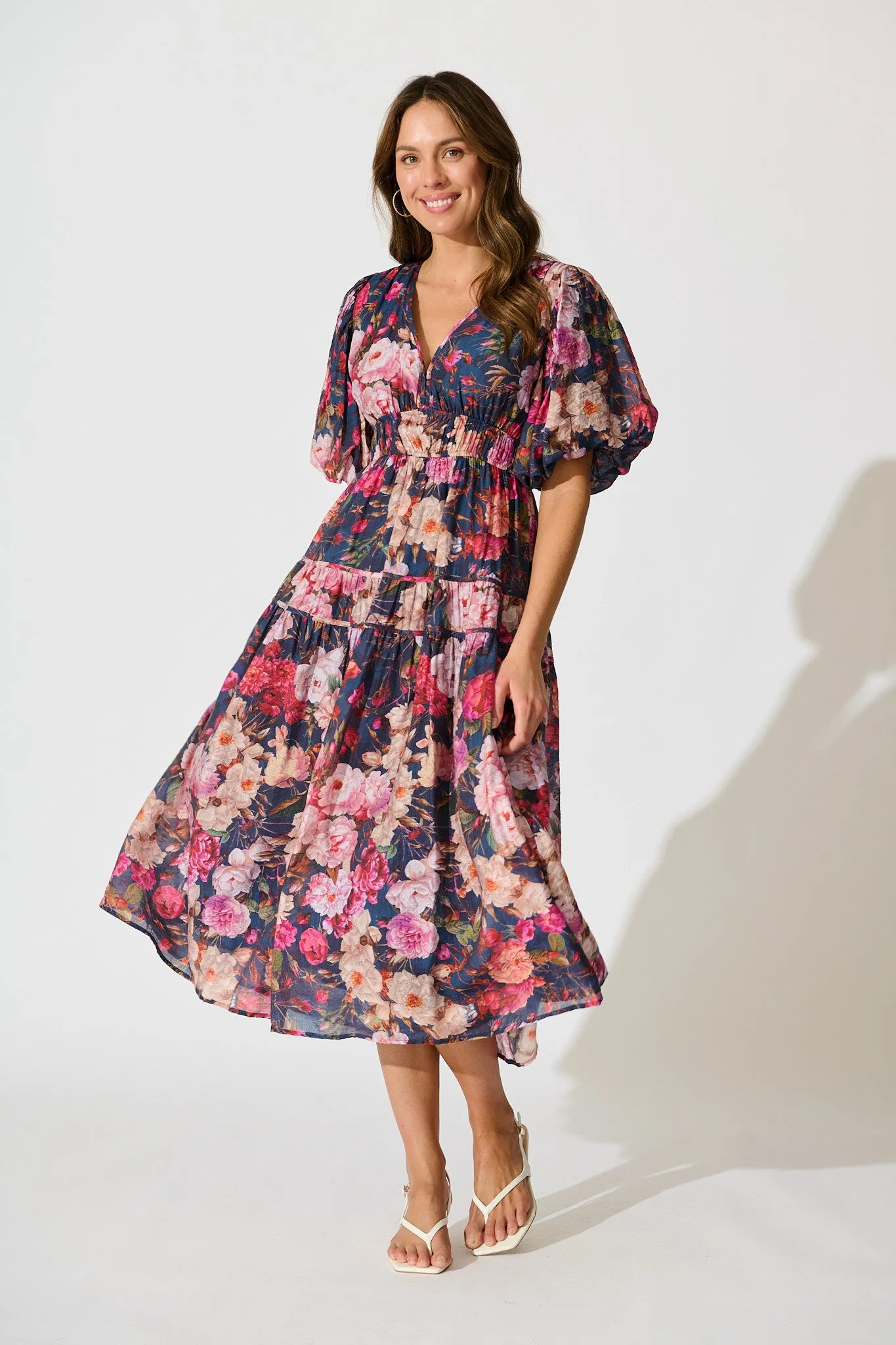 Amalie Midi Dress in Navy with Blush Floral sold by St Frock