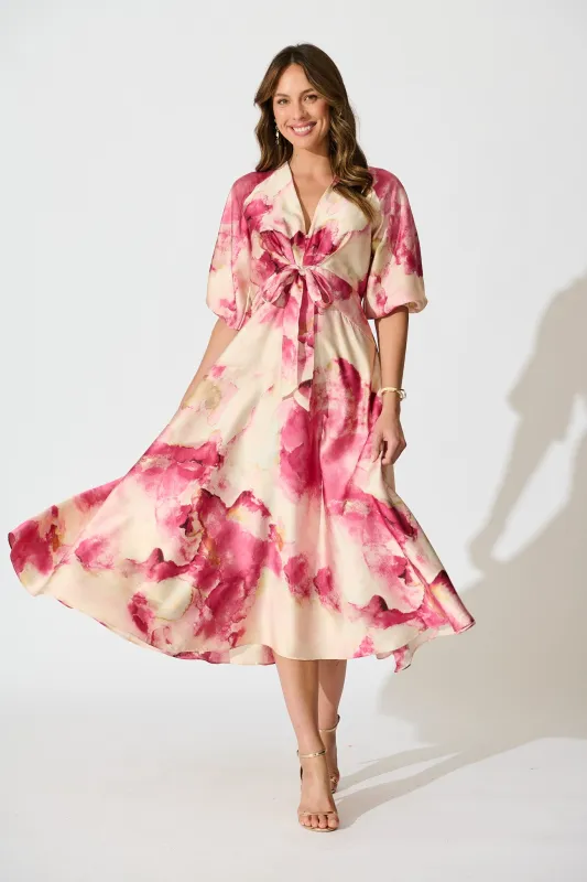 Iris Belle Maxi Dress in Magenta Watercolour Satin sold by St Frock