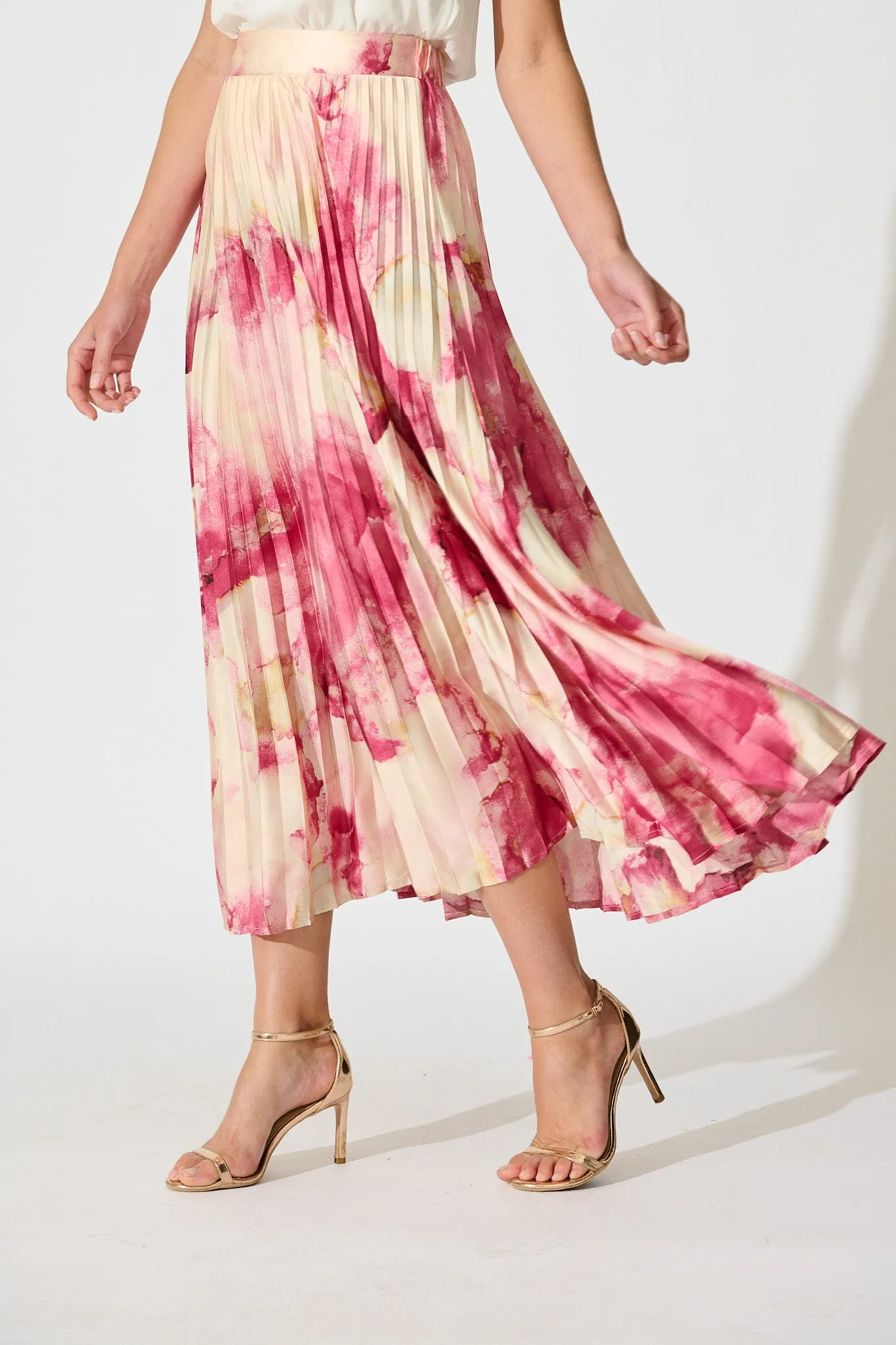 Allison Midi Pleat Skirt in Magenta Watercolour Satin sold by St Frock product image thumbnail 2