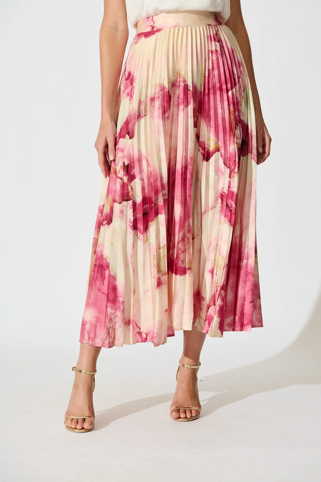 Allison Midi Pleat Skirt in Magenta Watercolour Satin sold by St Frock