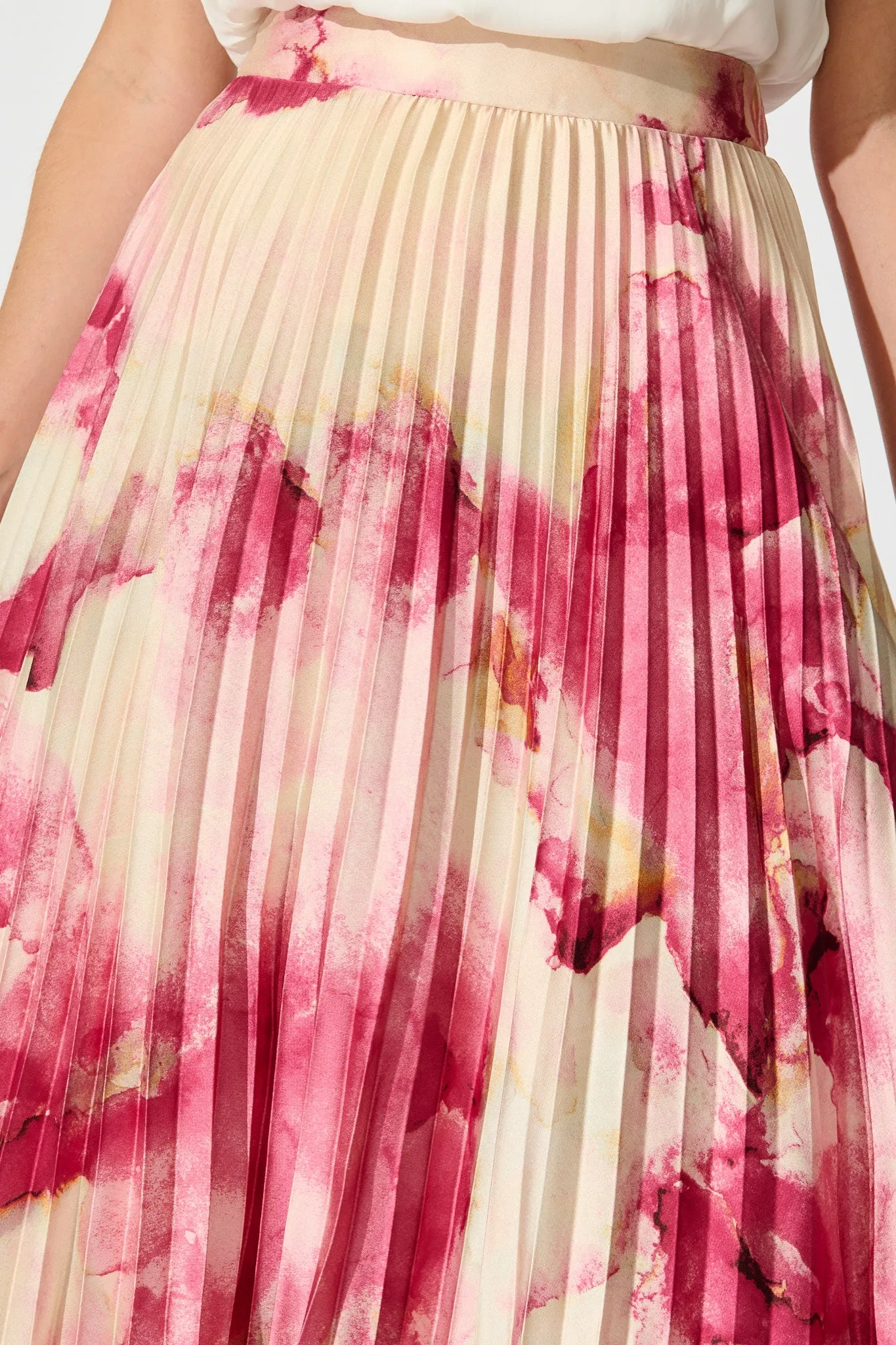 Allison Midi Pleat Skirt in Magenta Watercolour Satin sold by St Frock product image thumbnail 5