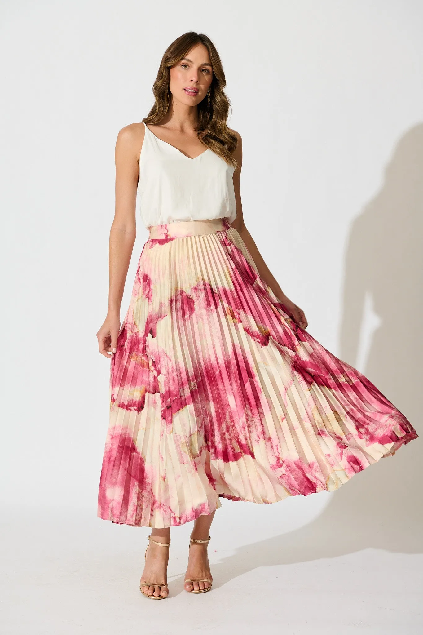 Allison Midi Pleat Skirt in Magenta Watercolour Satin sold by St Frock product image thumbnail 4
