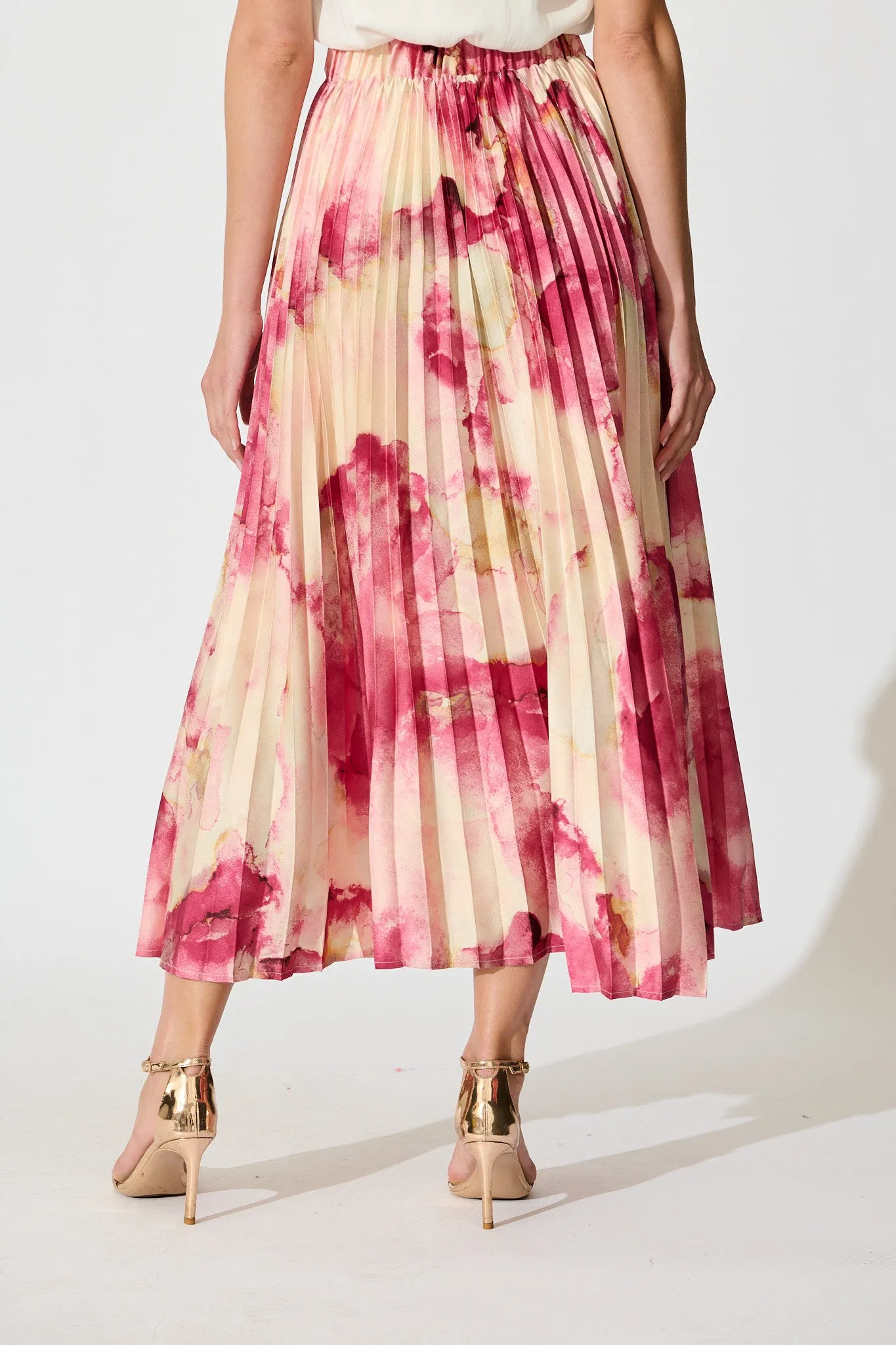 Allison Midi Pleat Skirt in Magenta Watercolour Satin sold by St Frock product image thumbnail 3