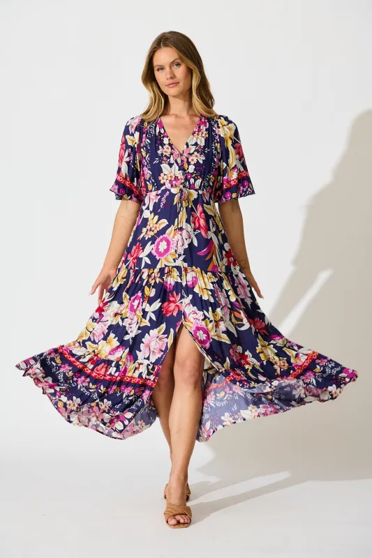 Carwen Maxi Dress in Navy with Pink Floral sold by St Frock