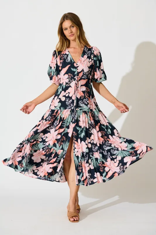 Carwen Maxi Dress in Navy with Multi Floral sold by St Frock
