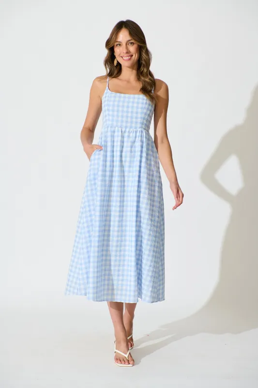 Emmy Maxi Sundress In Blue Gingham Cotton Blend sold by St Frock