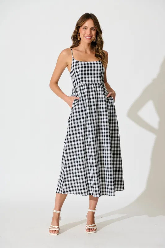 Emmy Maxi Sundress In Black Gingham Cotton Blend sold by St Frock