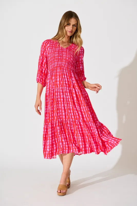 Riala Midi Dress in Multi Pink Gingham sold by St Frock