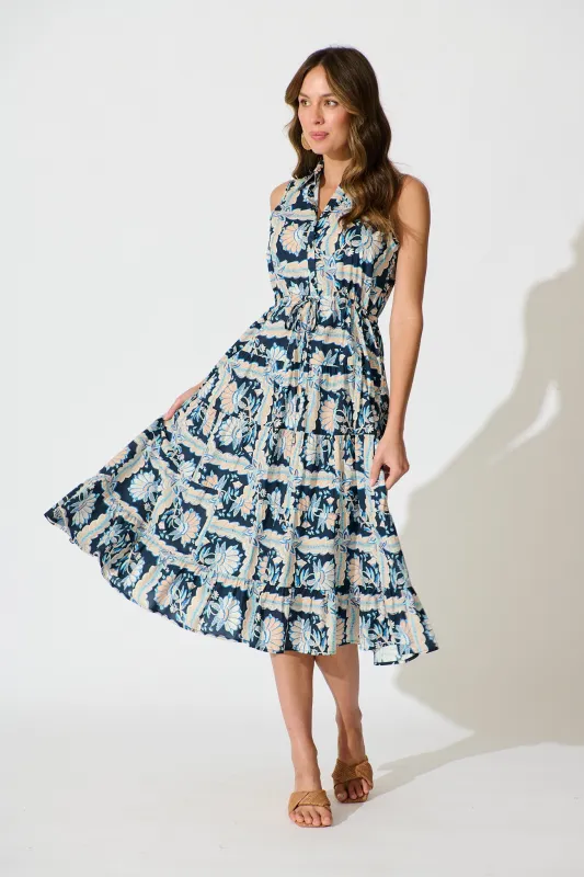 Larah Midi Dress in Navy Multi Floral Cotton sold by St Frock