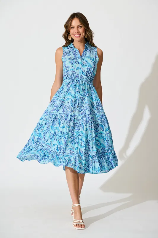 Larah Midi Dress in Blue Floral Cotton sold by St Frock