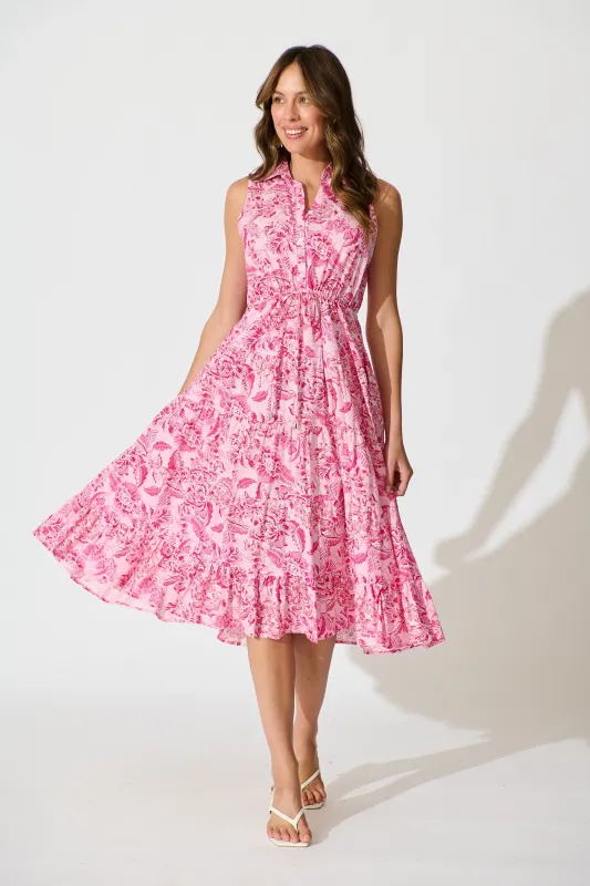 Larah Midi Dress in Pink Floral Cotton sold by St Frock