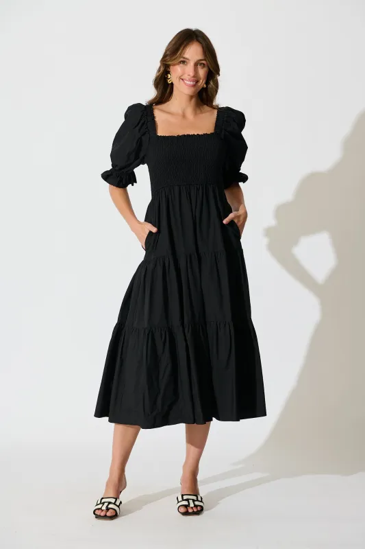 Rahima Midi Dress in Black Cotton sold by St Frock