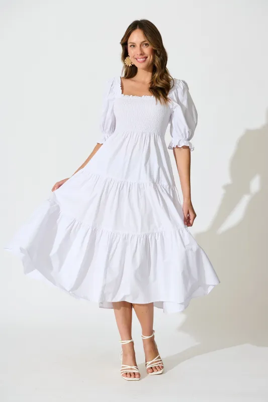 Rahima Midi Dress in White Cotton sold by St Frock