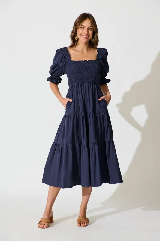Rahima Midi Dress in Navy Cotton sold by St Frock
