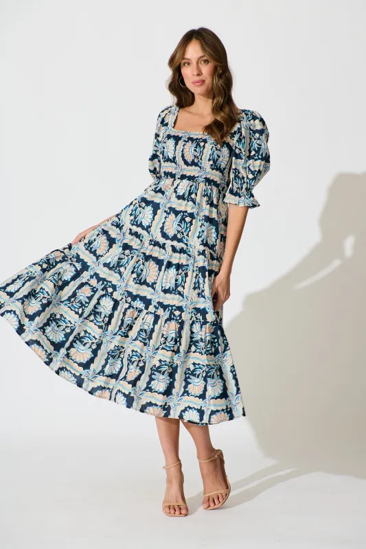 Rahima Midi Dress in Navy Multi Floral Cotton sold by St Frock