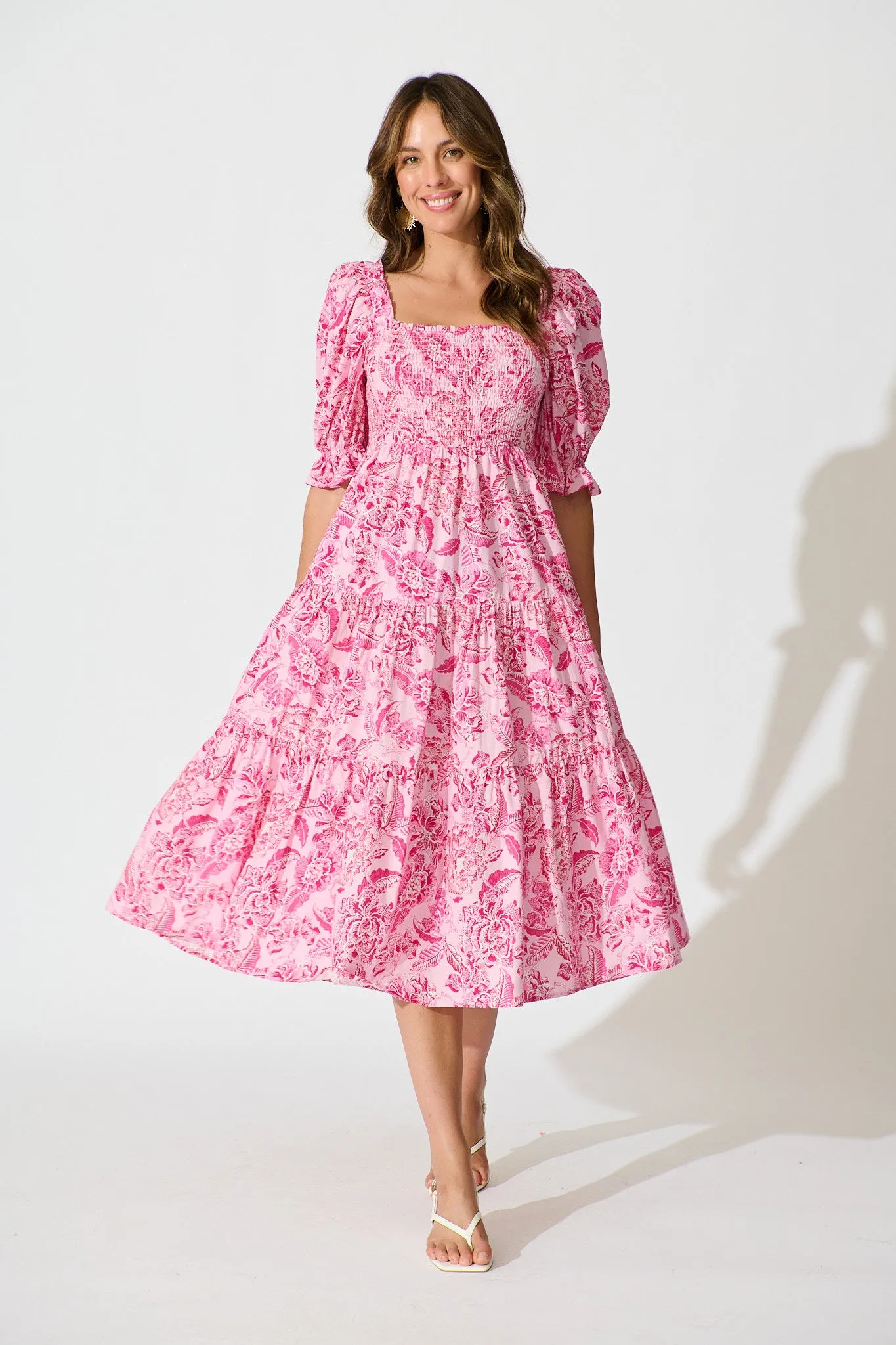 Rahima Midi Dress in Pink Floral Cotton sold by St Frock