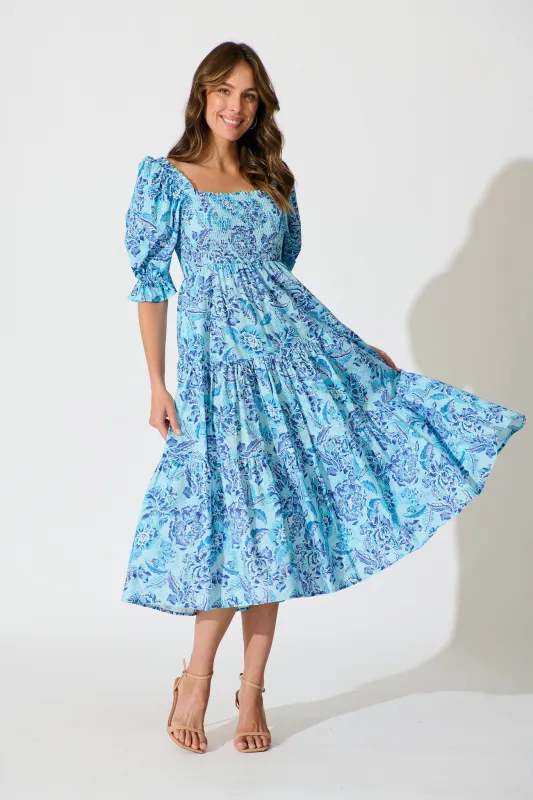 Rahima Midi Dress in Blue Floral Cotton sold by St Frock