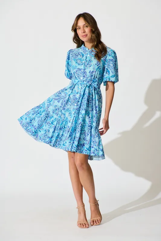 Seraya Dress in Blue Floral Cotton sold by St Frock
