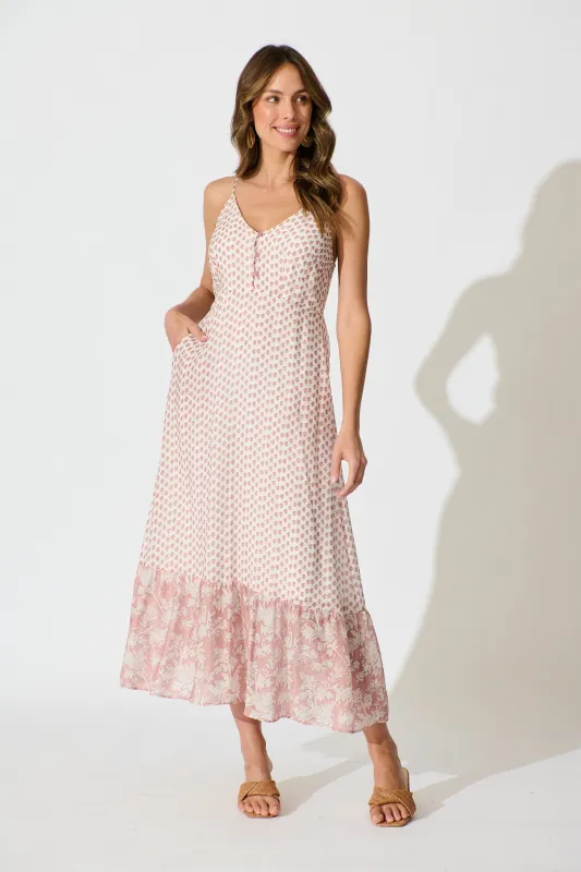 Sheer Elegance Maxi Sundress in White with Blush Print sold by St Frock