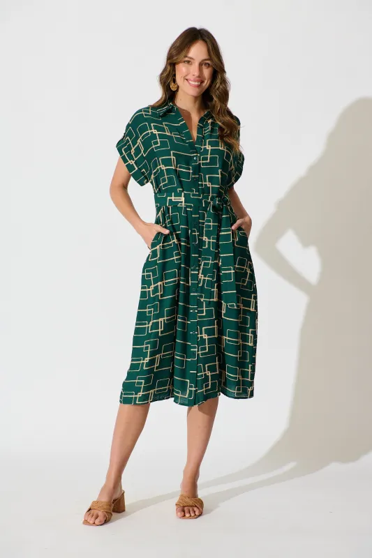 Hartlee Midi Shirt Dress in Emerald Embroidery Linen Blend sold by St Frock