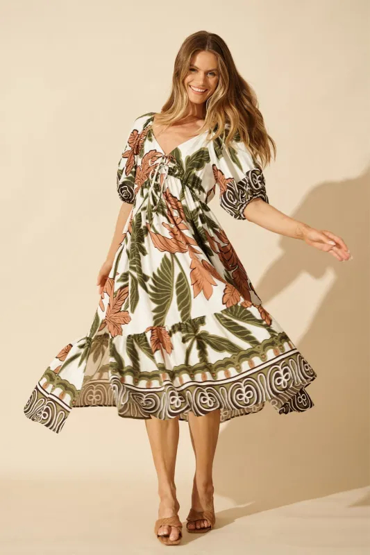 Juna Maxi Dress in Green with Brown Leaf Print made by St Frock