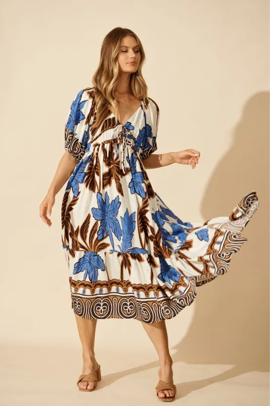 Juna Maxi Dress in Blue with Brown Leaf Print sold by St Frock