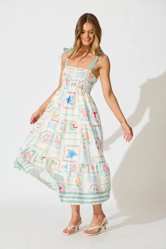 Catia Maxi Sundress in White with Green Multi Linen Blend sold by St Frock