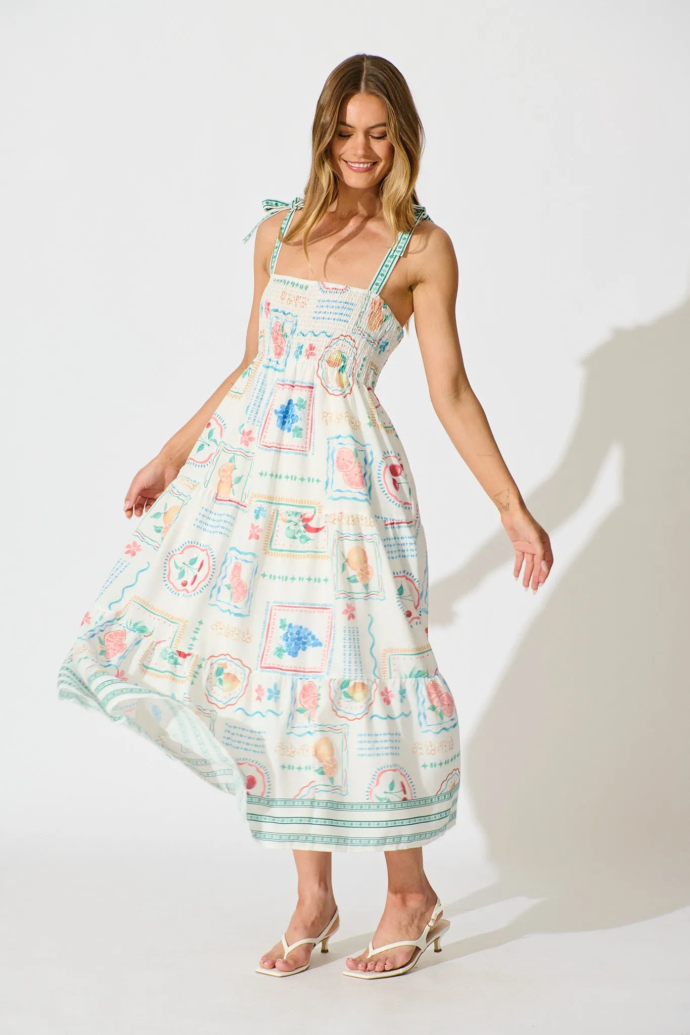 Catia Maxi Sundress in White with Green Multi Linen Blend sold by St Frock