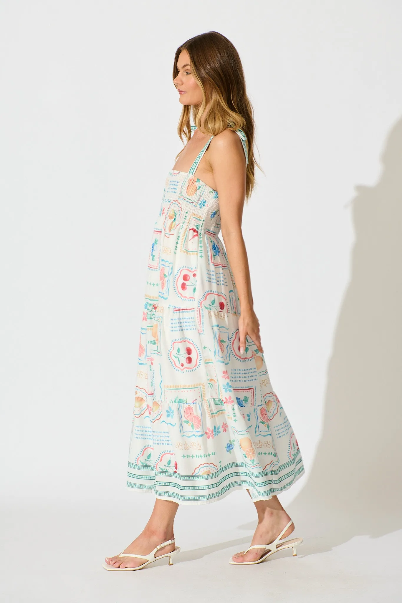 Catia Maxi Sundress in White with Green Multi Linen Blend sold by St Frock product image thumbnail 3