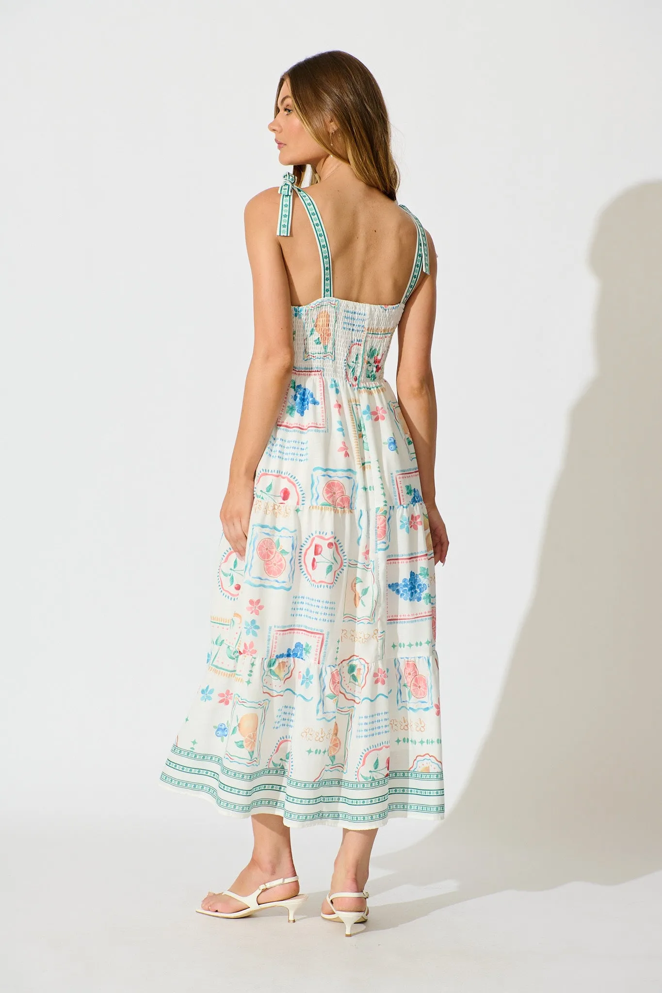 Catia Maxi Sundress in White with Green Multi Linen Blend sold by St Frock product image thumbnail 4