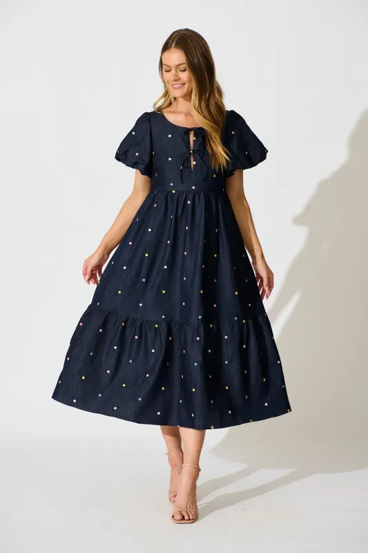 PRE ORDER Hettie Tie Front Midi Dress in Dark Navy Multi Floral Embroidery Cotton Blend sold by St Frock